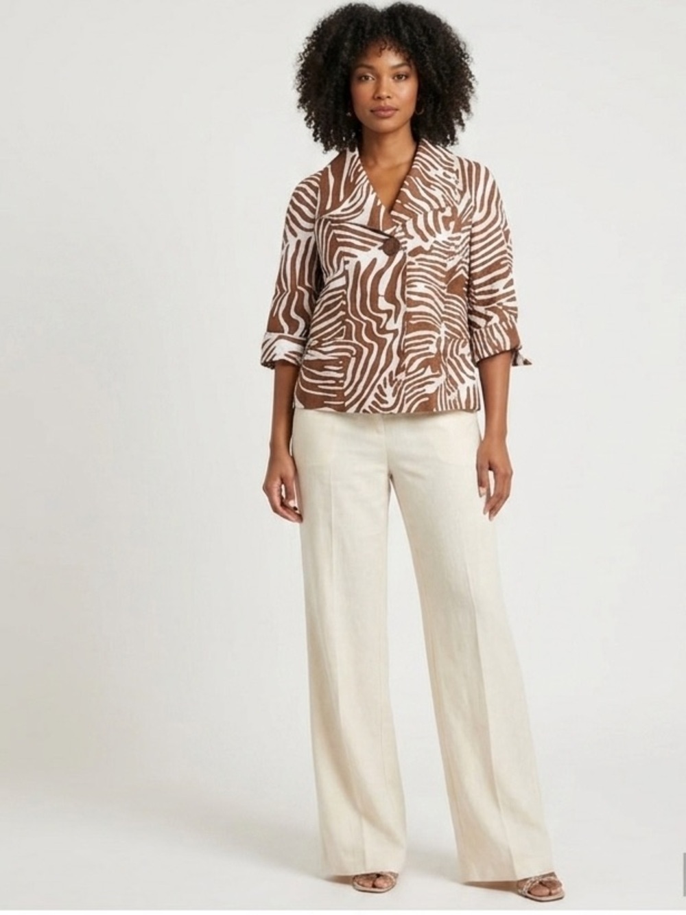 Kerry Brooke NEW Linen Animal Print Zebra Jacket Metallic Safari Blazer Neutral